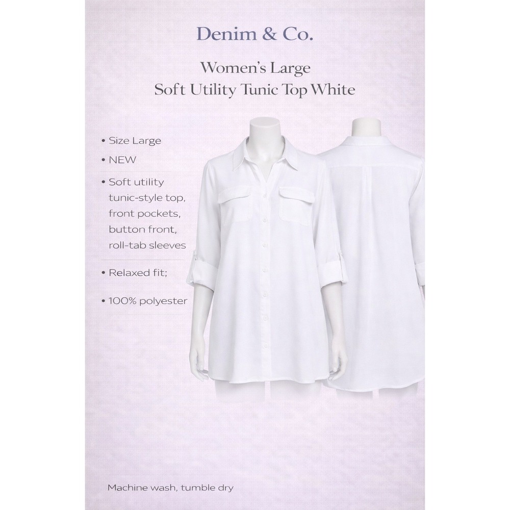 Denim & Co Womens Large Soft‎ Utility Tunic Top White Button Front Roll Tab